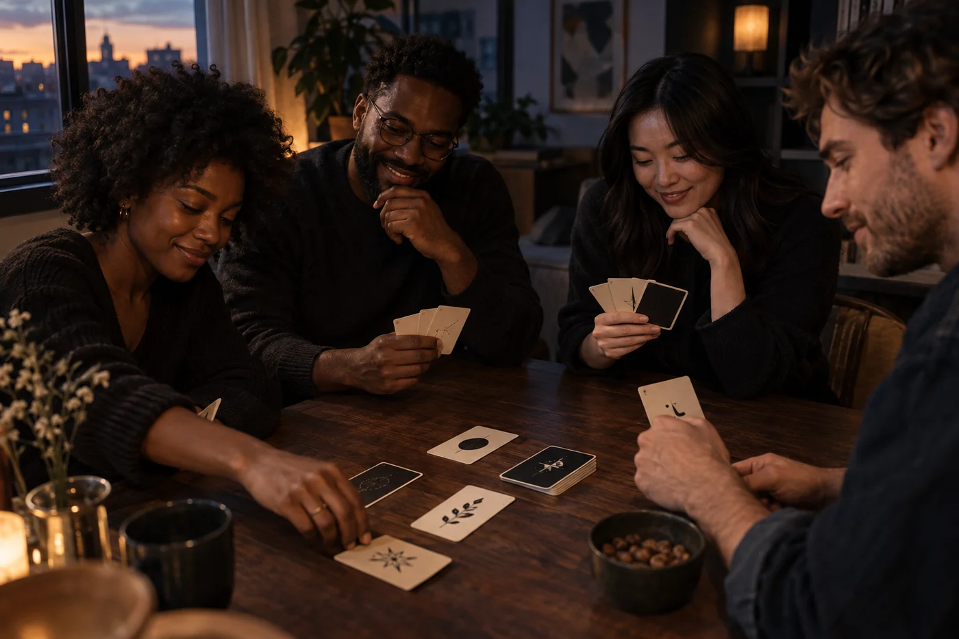 Friends gathered around a table, sharing a card game.